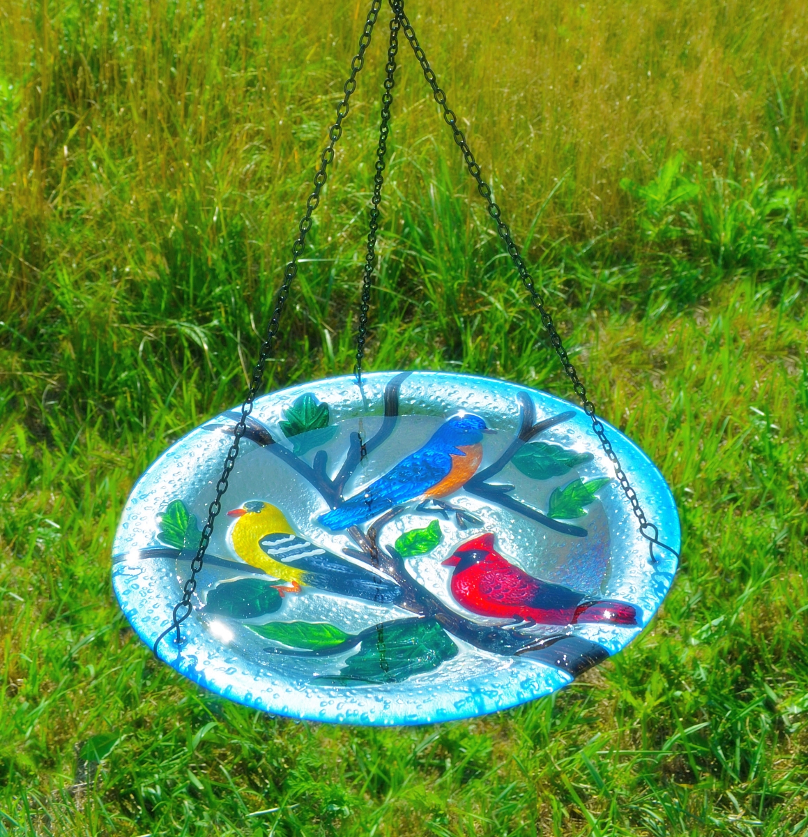 Embossed Songbird Trio Glass Hanging Birdbath